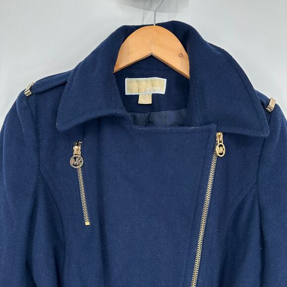 Michael Kors Wool Blend Belted Peacoat Classic Preppy Collared Jacket Navy Blue - Picture 9 of 15